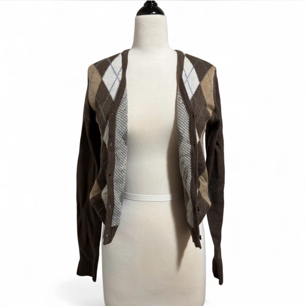 Brown Button-up Argyle Cardigan Sweater